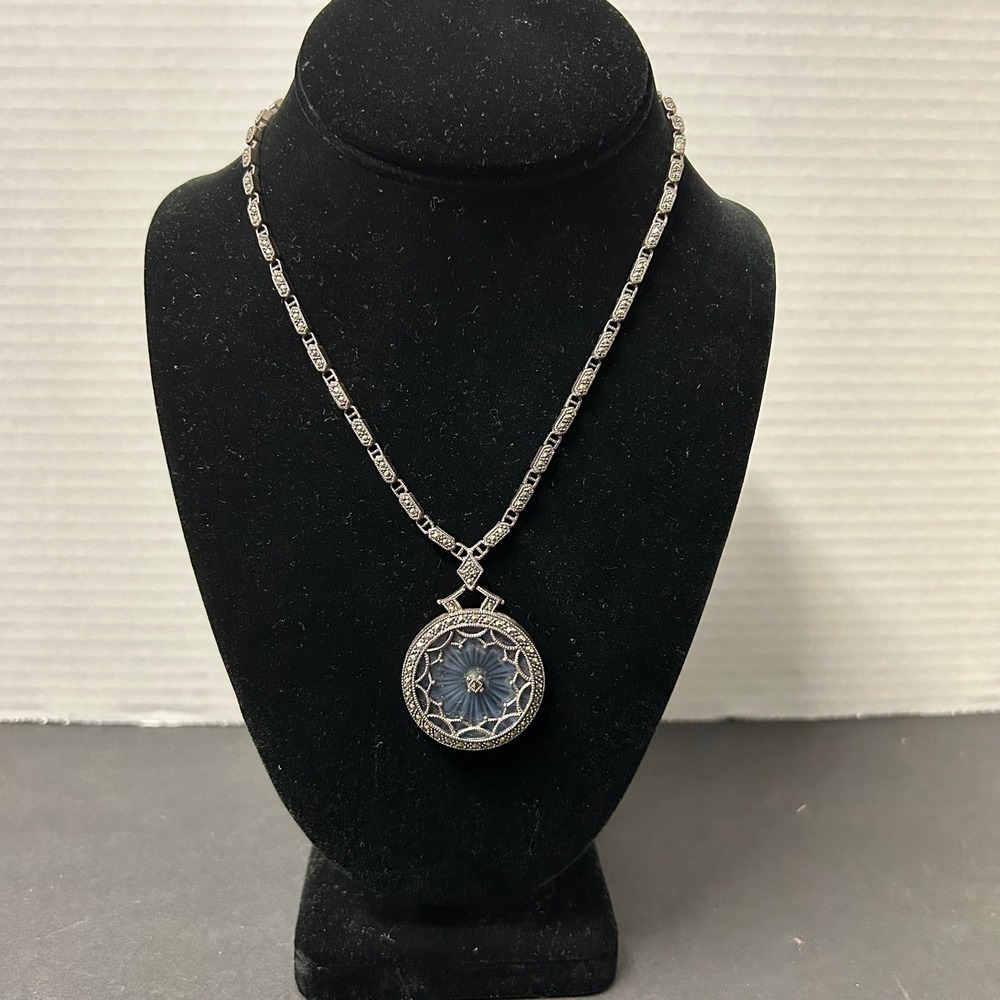 Judith Jack Pendant Necklace 17in Sterling Silver New Marcasite Blue Glass